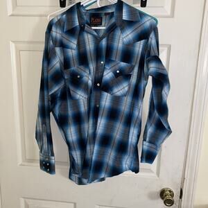 Plains Western Wear Shirt Men M Blue Plaid Pearl Snap Short Sleeve Cowboy Rodeo